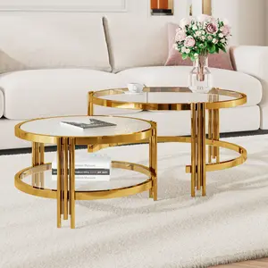 Nesting Coffee Table Set for Living Room Office, 2-Piece Round Glass Coffee Tables Set with Metal Frame, Textured Tempered Glass Top, 32.75 and 24.75 Inch Round Nesting Table (Gold)