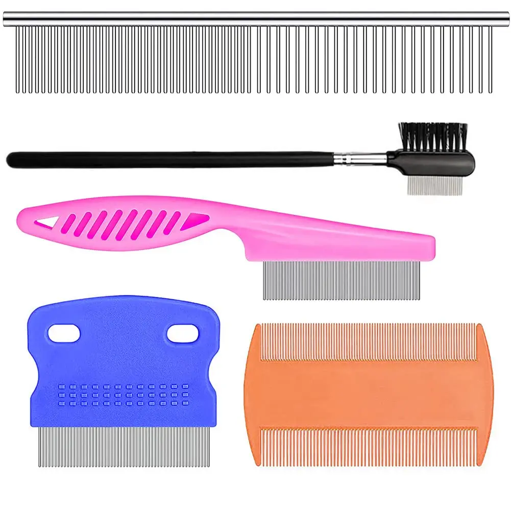 SKYPIA 5-Piece Pet Grooming Tools Kit - Plastic-Steel Narrow-Teeth Combs, Flea Check Comb, Skin Protection Tear Stain Remover for Small Dogs, Cats
