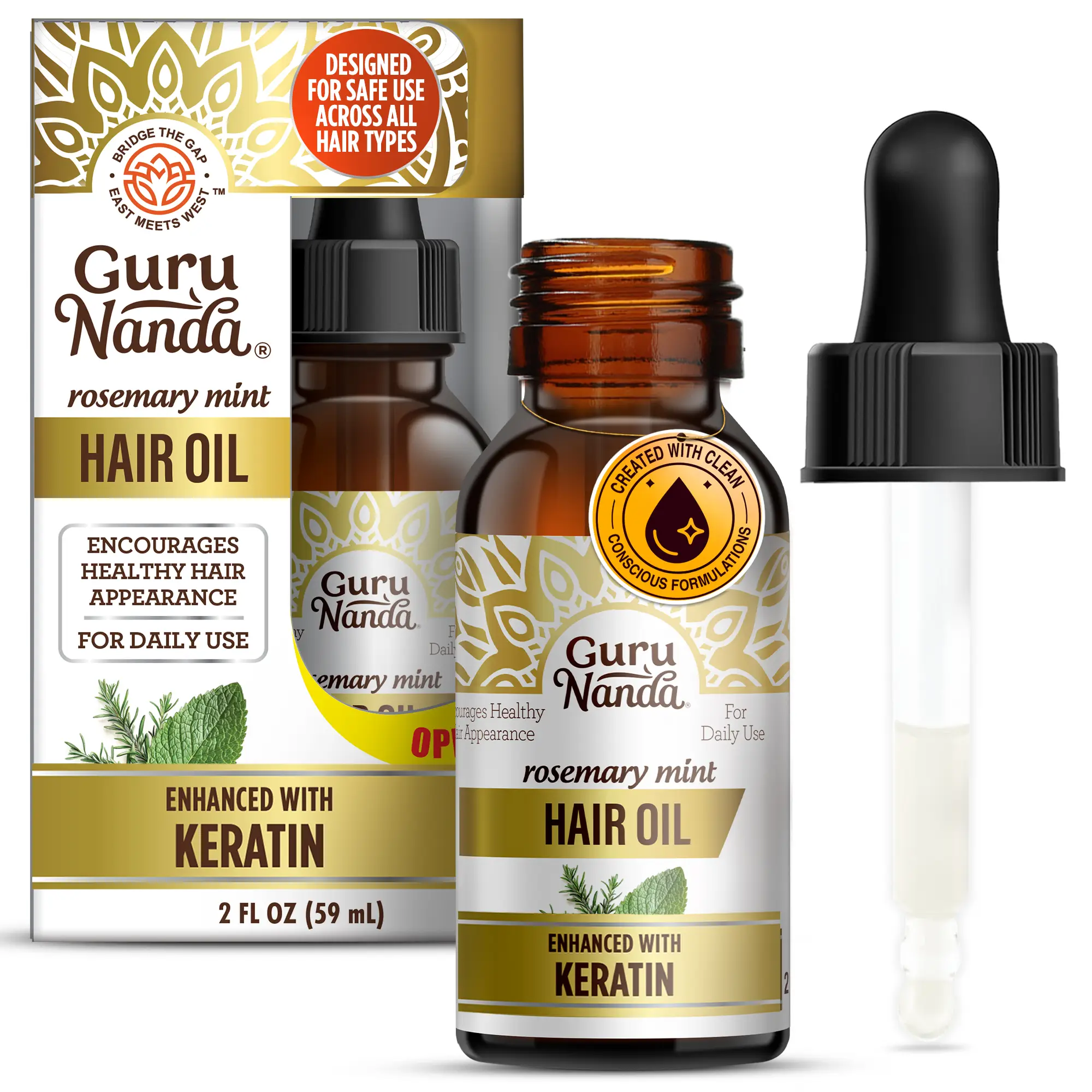 2oz Travel Pack - GuruNanda Rosemary Mint for Hair Growth with Keratin & Vitamin E Oil - Encourages Scalp Shine & Hair Strengthening- Natural