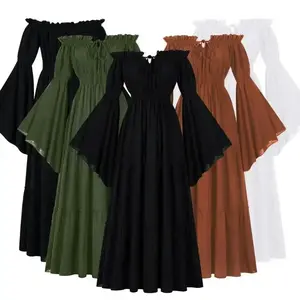 Women's Renaissance Irish Dress Off Shoulder Medieval Peasant Pirate Costume Wench Retro Gown Smocked Waist Maxi Long Traditional Basic Ivory Minimalist Summer Outfits Sundress Ruffled Clothes Elegant Historical Fashion Blend Piece Womenswear black dress
