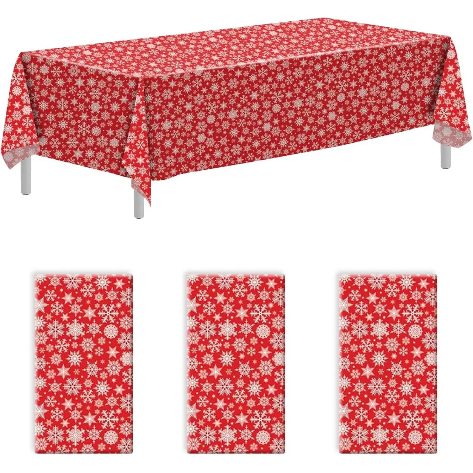 3 Pack Christmas Plastic Tablecloths 54x108 Inch – Red with White Snowflakes, Disposable Waterproof Plastic Table Covers for Holiday Party, Christmas Dinner, Indoor and Outdoor Use