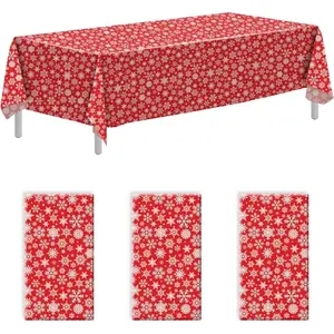 3 Pack Christmas Plastic Tablecloths 54x108 Inch – Red with White Snowflakes, Disposable Waterproof Plastic Table Covers for Holiday Party, Christmas Dinner, Indoor and Outdoor Use