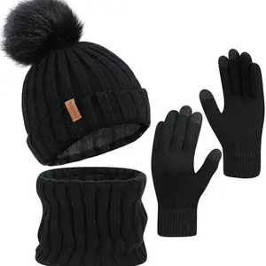 2026 NEW Winter Beanie Hat Scarf Gloves Set for Women, Warm Fleece Knit Touch Screen Gloves, Double-Layered Brim, Ideal Gift for Thanksgiving 3 Pieces Touchscreen Gloves, Beanie Hat,and Scarf for Men's and Women's