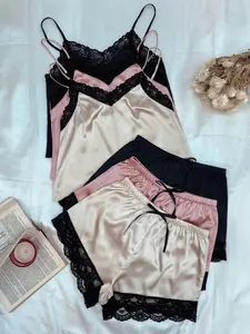 3sets Lace Trim Cami Top & Shorts Pajama Set