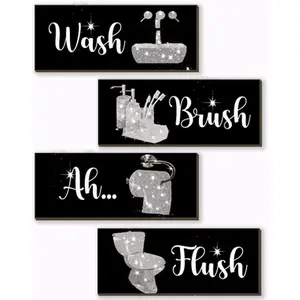 4 Pcs Silver Bathroom Decor Funny Silver And Black Wall Art Wooden Bathroom Accessories Modern Funny Glitter Set for Home Toilet 10x4 Inch