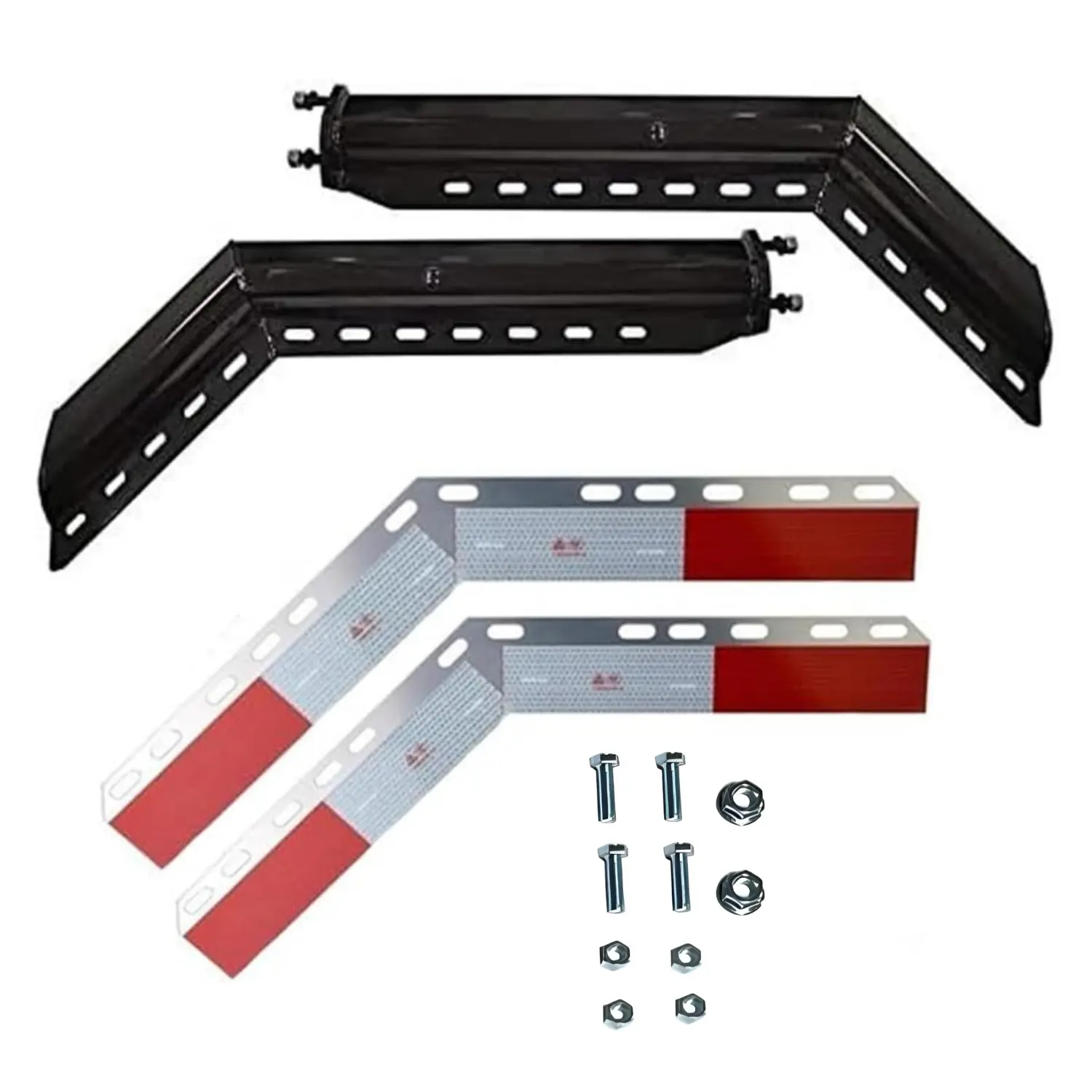 TORQUE Heavy Duty Mud Flap Hanger Truck Parts Set for Semi Trucks, 2-1/2" Bolt Spacing, 30" Black, 45-Degree Angled, Spring Loaded, Right & Left Included, 2 Aluminum Angled Reflectors (TRMFH405)
