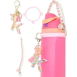 Letter Charm Accessories for Owala Water Bottle 24-40oz, 3PC Cute Initial Charms & Water Bottle Handle Strap with a Thick Elastic Silicone Ring Holder