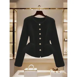 Women's Stylish Waist Cinched Ruffle Hem Short Cardigan, Unique Metal Button Decor, Chic White Sweater Long Sleeve Fabric