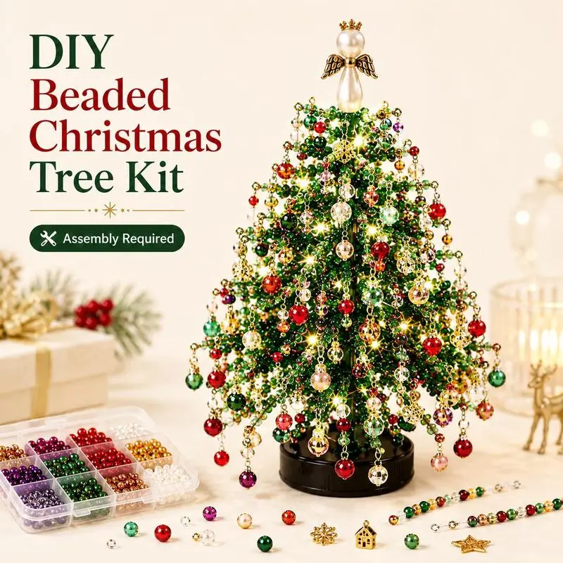 DIY Beaded Christmas Tree Kit - Assembly Required, Assorted Beads & Ornaments Included, Holiday Decor Craft Supply for Crafting Enthusiasts