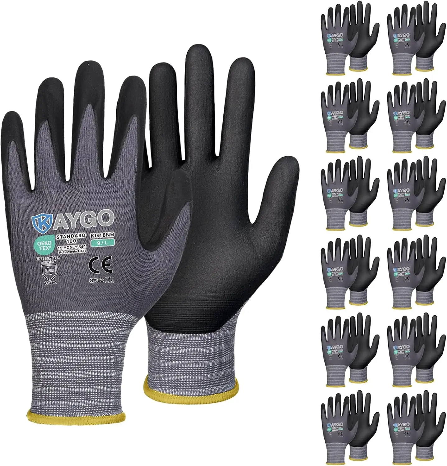 12 Pairs KAYGO KG11PB PU-Coated Safety Work Gloves - CE EN388 Certified, Work Gloves Grip, DIY Projects, Ceiling Grip Design, Polyurethane Coated, Warehouse Workers