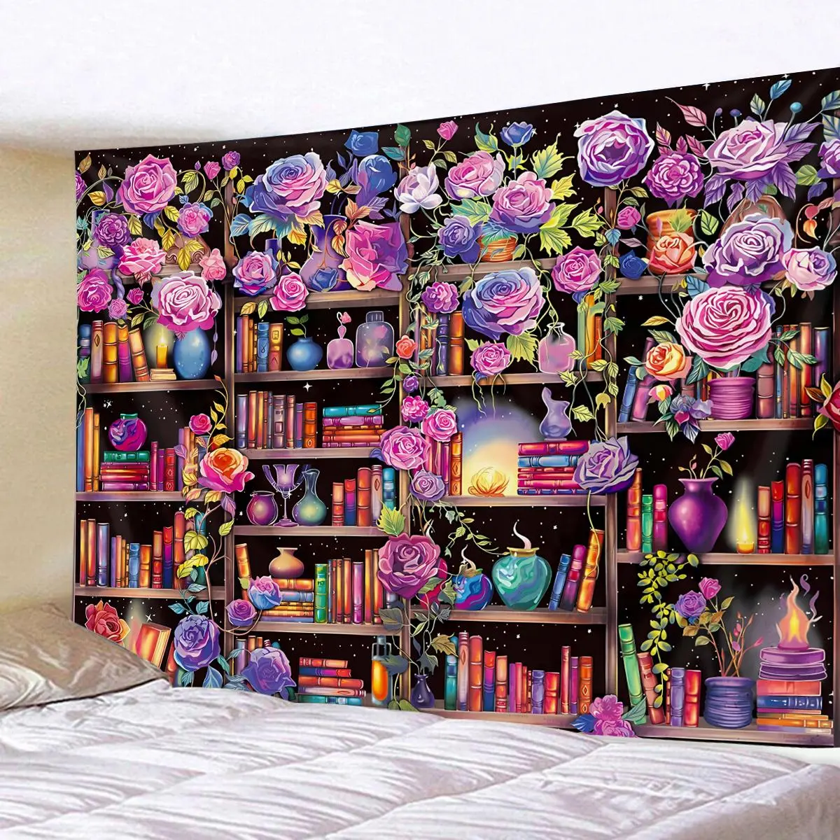 Magic Bookshelf Pattern Tapestry, Colorful Plant Flower Tapestry, Mysterious Starry Sky Bookshelf Background Banner, Bedroom Tapestry, Wall Hanging, Decor, Bohemian Tapestry Style Home Bedroom Decor, Boho Decor