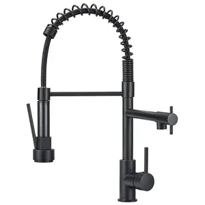 WSA Spring Kitchen Faucet with Pull Down Sprayer High Arc 360° Swivel Double Spouts Single Handle Single Hole Stainless Steel Kitchen Sink Tap for Farmhouse RV Bar Laundry Sink