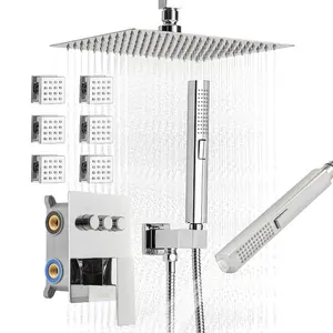 VEVOR Shower Faucet Set, 16 Inch Thermostatic Ceiling Mount Rainfall Shower System with 6 Body Jets and Handheld Spray, Rotatable 3-Function Rain Head Complete Brass Valve and Trim Kit, Matte BlackVEVOR Super Brand Day