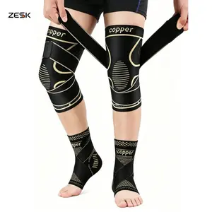 Copper Infused Compression Knee Brace & Ankle Support Wrap Set Adjustable Strap Knee Brace & Ankle for Joint Pain Relief Arthritis ACL Sprain Workout Running Basketball Sports Stabilizer for Men Women