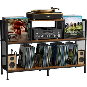 Large vintage record player table with 4 adjustable dividers, vinyl record storage cabinet for up to 350 albums, medieval turntable stand for living room and bedroom (patent pending)