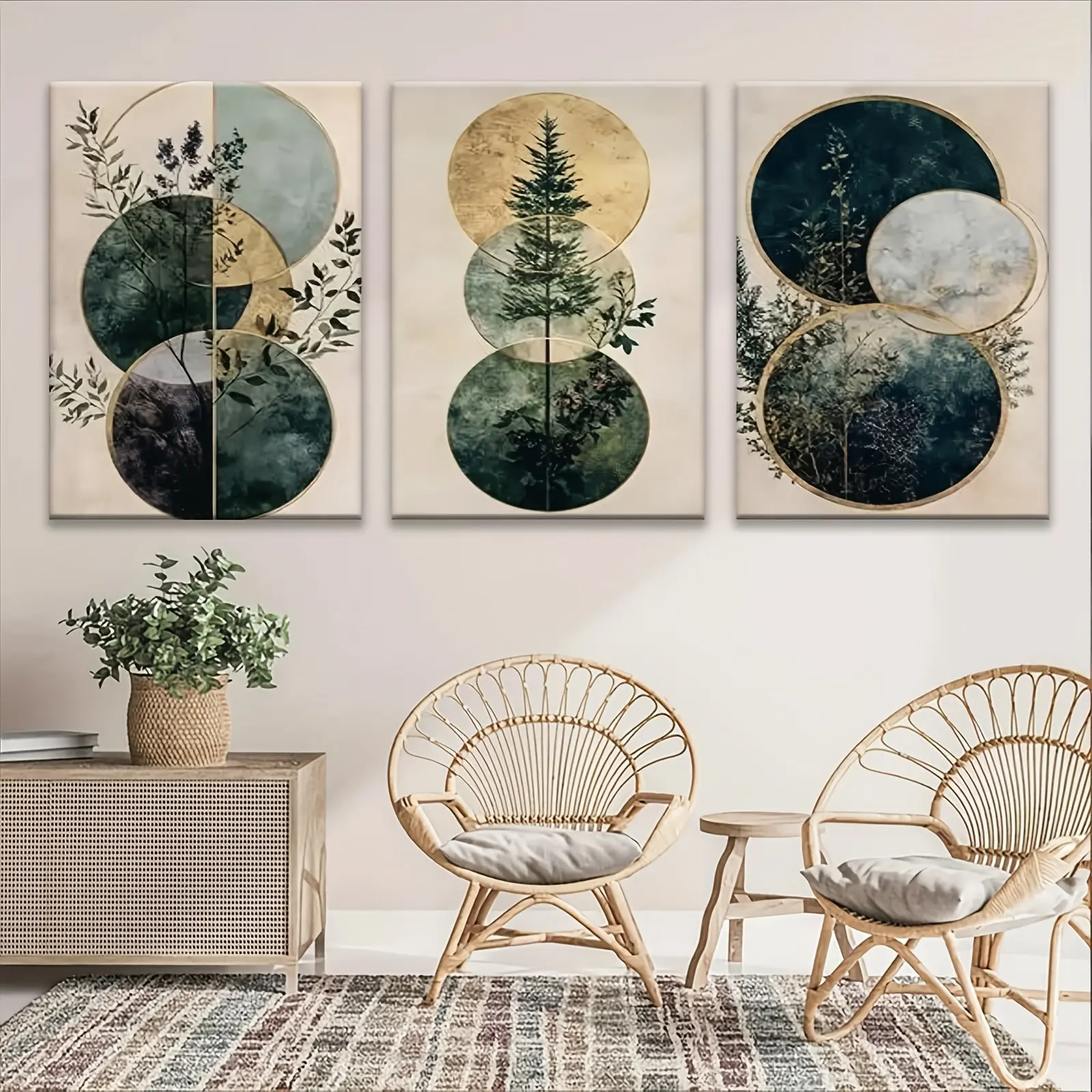 3-Piece 12"x16" Modern Green Plant Canvas Wall Art - Wood-Wrapped Framed Art Print Hanging Decor, Eco-Friendly Home Supply, Indoor Living Room Aesthetic Gift, Decorative Accent Prints