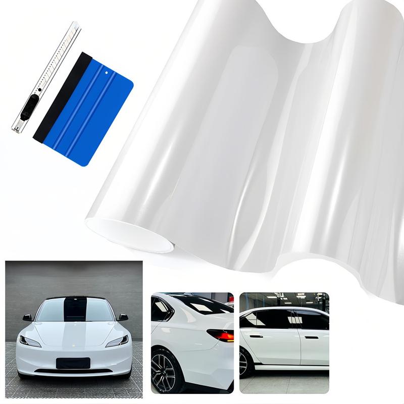 FONESO Super Glossy Car Body Sticker with Cutter and Hand Tool Kit, 60 x 8 inch Car Vinyl Film Wrap Protector Sticker, 5 FT x 1 FT Self-Adhesive Air Bubble Free Easy to Install, Universal For All Cars SUVs Sedan Coupe Truck Pickup Bike Motorcycle - White