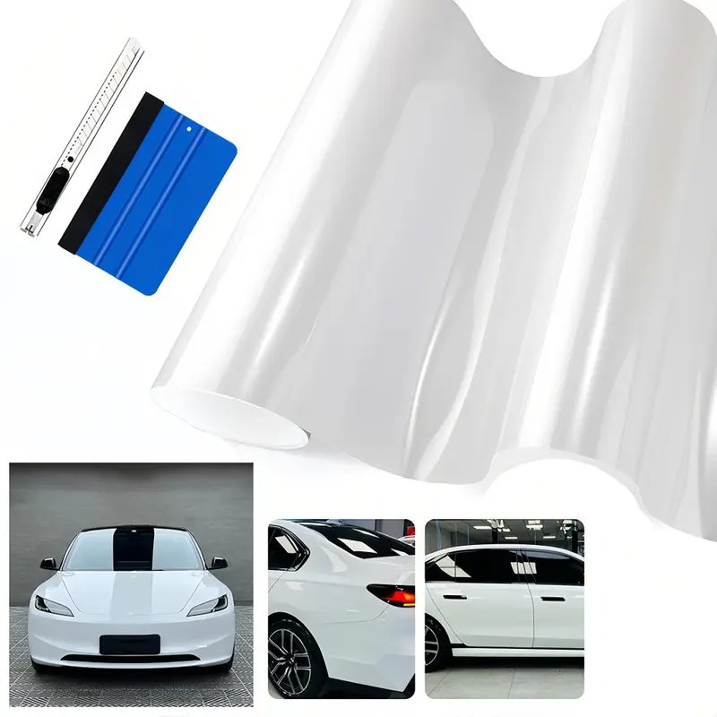 FONESO Super Glossy Car Body Sticker with Cutter and Hand Tool Kit, 60 x 8 inch Car Vinyl Film Wrap Protector Sticker, 5 FT x 1 FT Self-Adhesive Air Bubble Free Easy to Install, Universal For All Cars SUVs Sedan Coupe Truck Pickup Bike Motorcycle - White