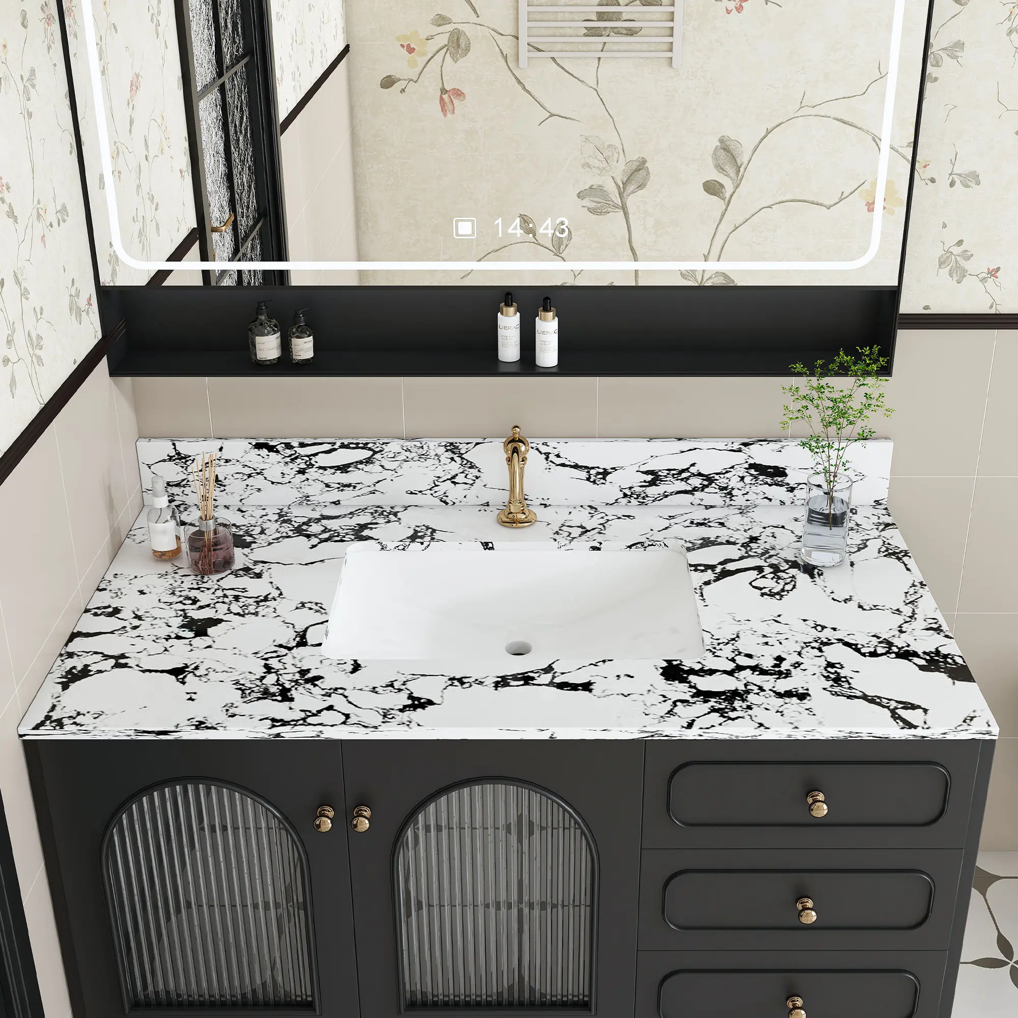 43x22 Inch Artificial Marble Bathroom Vanity Top with Undermount Ceramic Sink and Backsplash, New Carrara White and Black, Pre-Drilled Single Hole, Modern Countertop for Bathroom Remodel, Bathroom Furniture for Vanity Area, Storage, Remodel