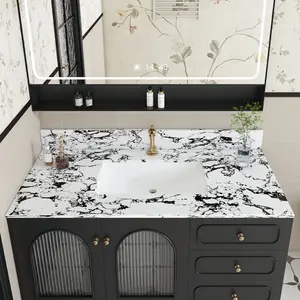 43x22 Inch Artificial Marble Bathroom Vanity Top with Undermount Ceramic Sink and Backsplash, New Carrara White and Black, Pre-Drilled Single Hole, Modern Countertop for Bathroom Remodel, Bathroom Furniture for Vanity Area, Storage, Remodel