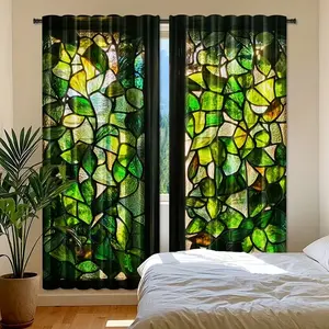 2 Piece Plant Painted Glass Pattern Curtains, 100% Polyester Semi-Transparent Rod Pocket, Modern Style Home Decoration Curtain for Bedroom Living Room Office Kitchen Window Curtain