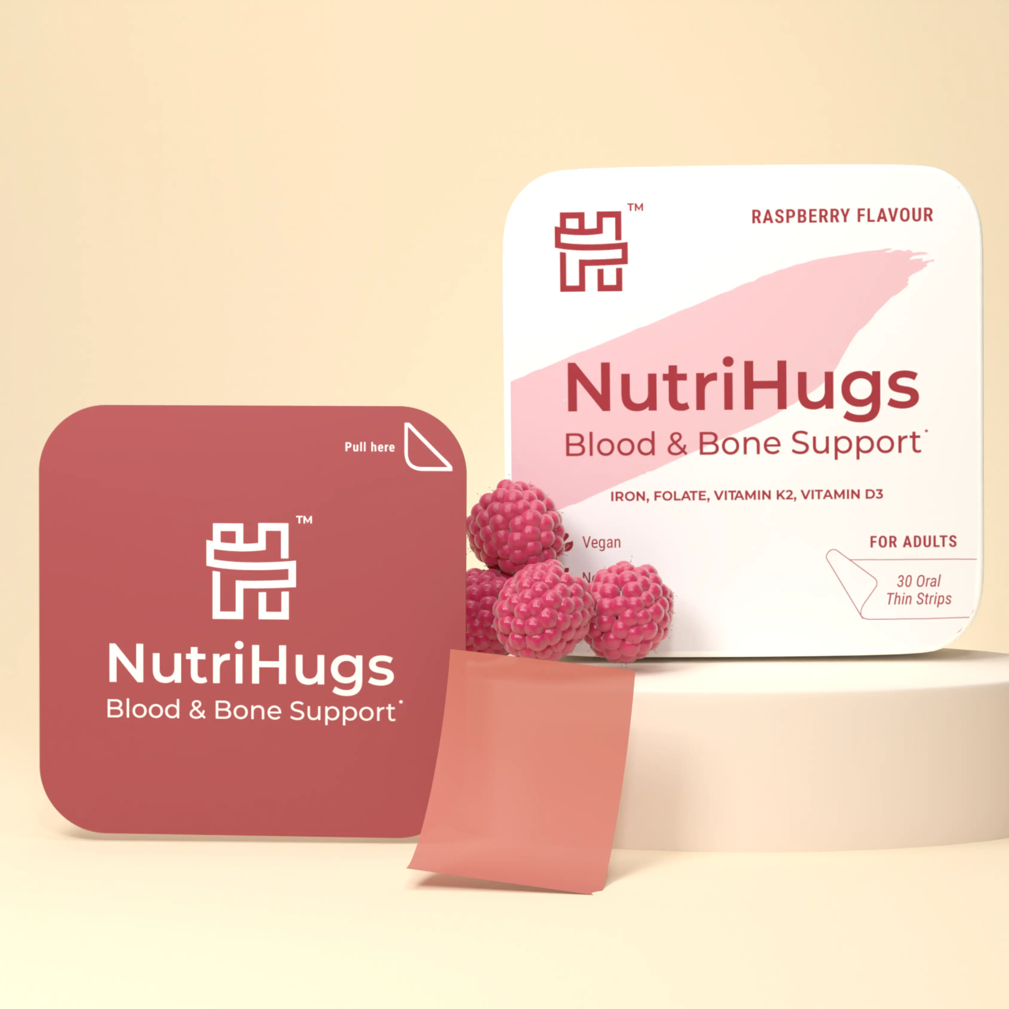 NutriHugs by MedHugs Organic Raspberry-Flavored Dissolvable Strip Vitamins Supplements - 30 Thin Film Oral Melts, Iron, Folate, Bone Health Support, Vegan, Non-GMO, Sugar-Free, Gluten Free, Caffeine Free