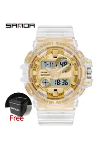 SanDa Brand Fashion Student Digital Watch with Water Resistant Night Light Transparent Strap Multi Function Stopwatch for Sports and Daily Use Waterproof Multifunctional Watch