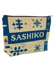 Canvas Bag with Blue Flower Pattern, Sashiko Text, Vintage Sewing Elements, Perfect for Cosmetics, Needles, Thread, Art Supplies