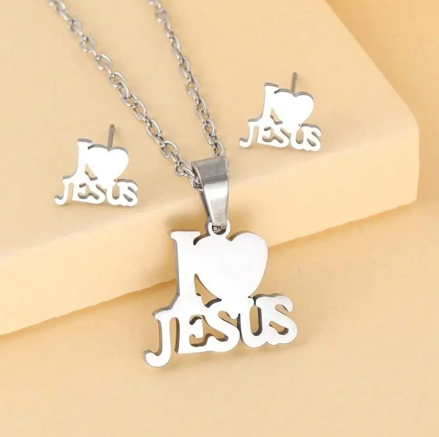 "I Love Jesus" Jewelry Set, Pendant Necklace & Stud Earrings, Christian