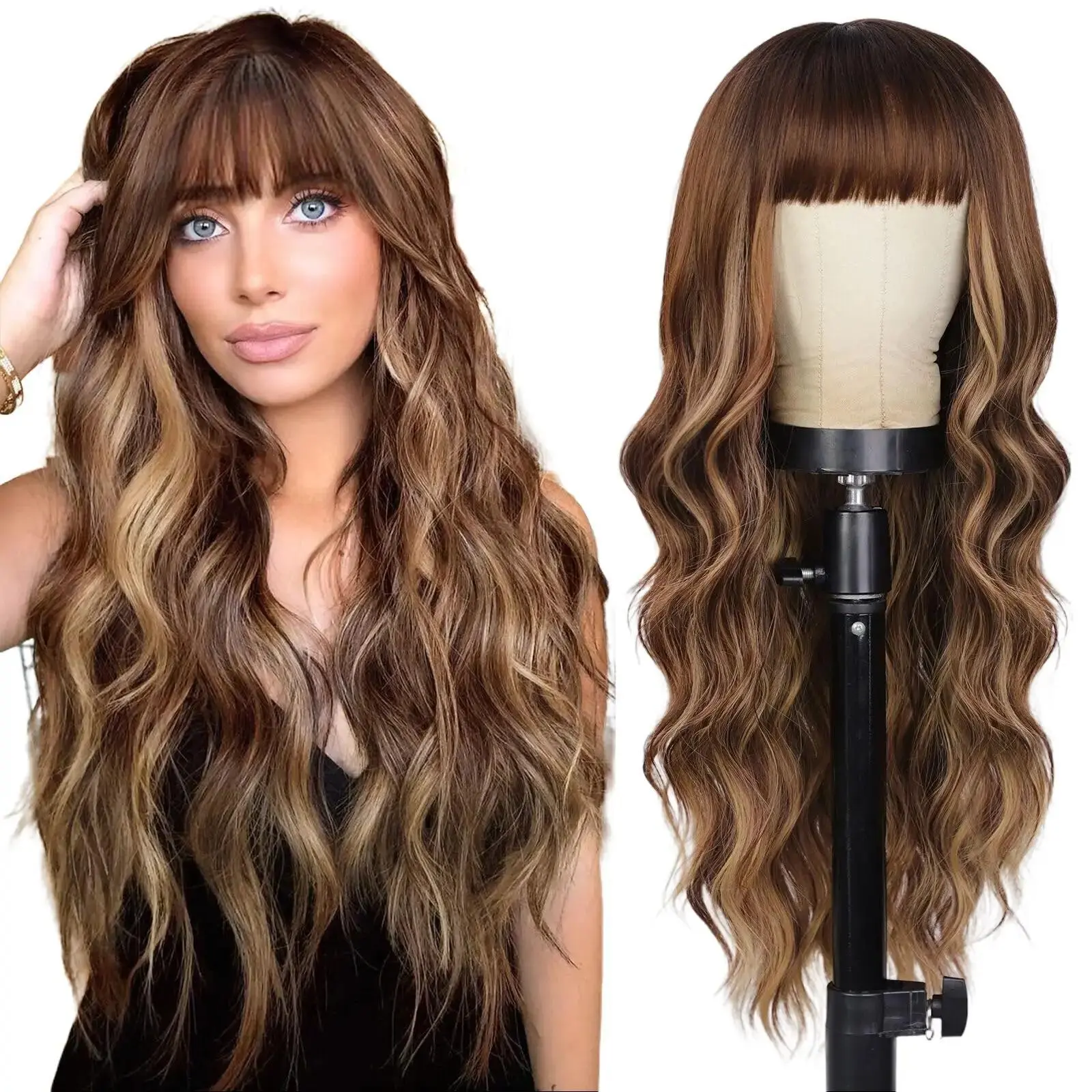 HMD Long Wavy Wig with Bangs Natural Looking Heat Resistant Synthetic Curly Full Wigs for beginners Women Daily Use, Wavy Hair, Everyday Use, Synthetic Fiber Wig