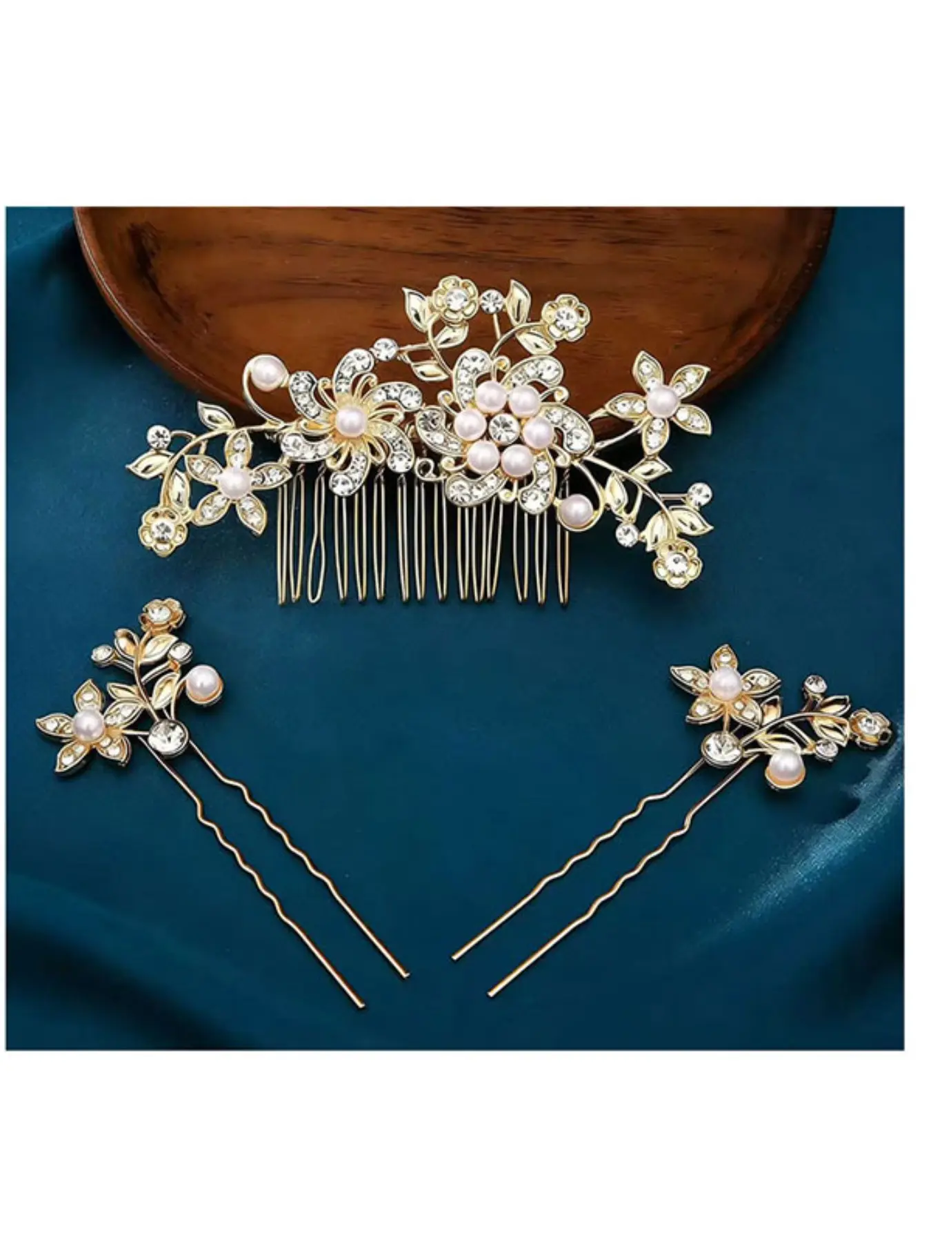 ✨NEW Elegant Gold and Pearl Hair Accessory Set Pearl Flower Hairpin Side Comb Set Leaf Shaped... From  main image 4
