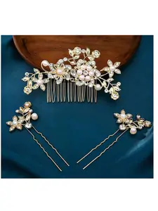 Elegant Lady Princess Bride Hair Comb Set, 3pcs Fashionable Pearl Plum Blossom Design, Exquisite Bun Accessories
