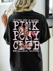 Women's Denim Girl Graphic Print T-Shirt, Casual Round Neck Top for Daily Vacation, Loose-Fitting Lightweight Workout Knitting Shirt