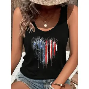 American Flag Heart Print Sleeveless Tank Top - Patriotic Casual Women'S Vest for Independence Day Celebration