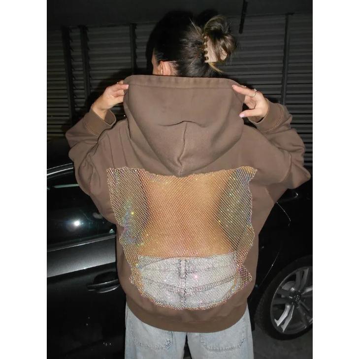 Women Mesh Back See Through Hoodies Sweatshirts Long Sleeve Sequin Fishnet Sheer Back Pullover Backless Jumper Top with Pocket Women Mesh Back See Through Hoodies Sweatshirts Long Sleeve Sequin Fishnet Sheer Back Pullover Backless Jumper Top with Pocket