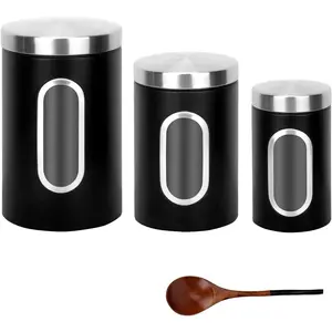 Kitchen Counter Canister set 3 pieces, 0.9/1.6/2.9 Quarts Stainless Steel Flour Sugar Tea Coffee Storage Containers with Long Wood