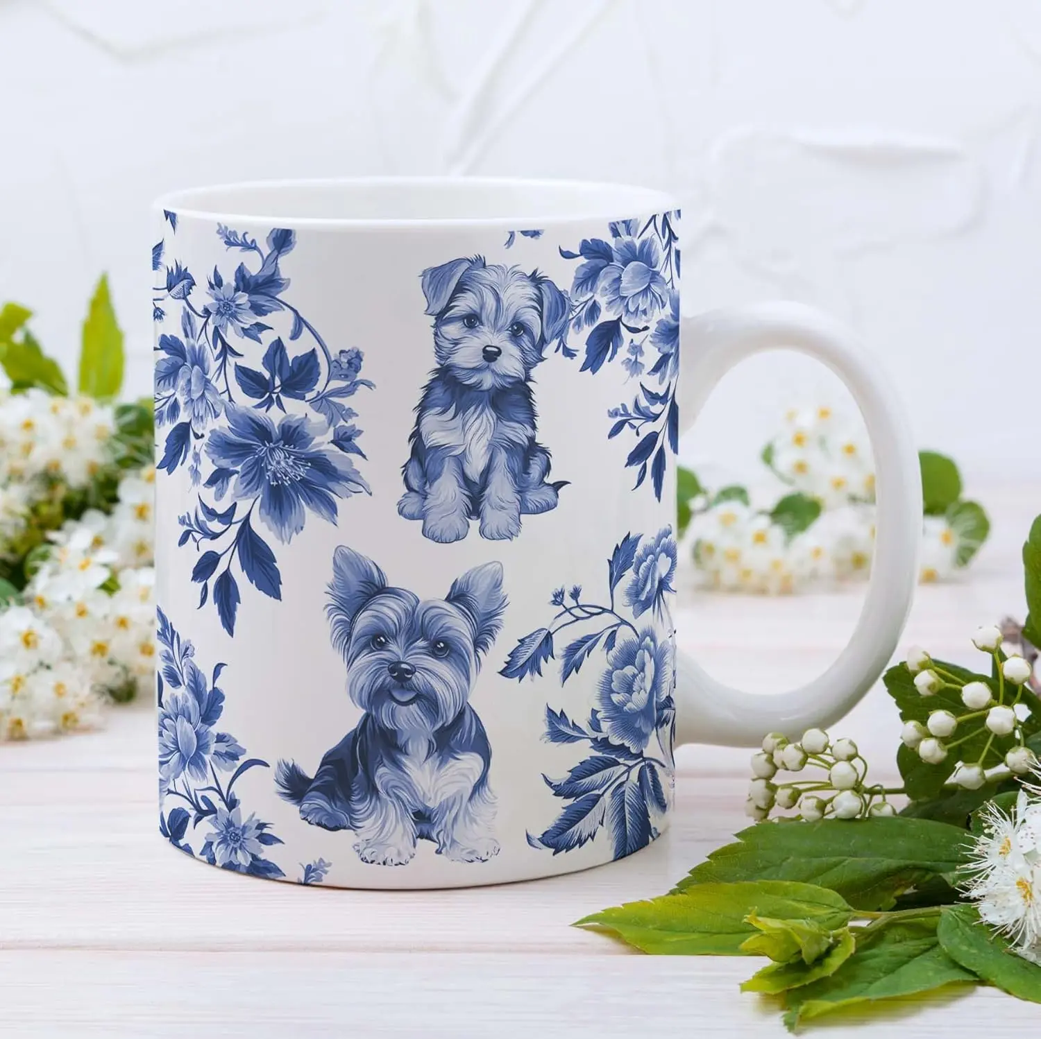 Blue French Toile Mug, Yorkies Lover Gifts for Women, Blue Chinoiserie Toile Coffee Cup for Yorkshire Terrier Mom, Dog Lovers Tea Coffee Mug Birthday Gifts for Dog Owners, 11oz