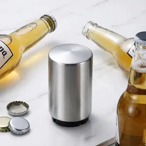 Premium Magnetic Push-Down Beer Bottle Opener - Automatic No-Damage Stainless Steel, Quick Portable Bottle Cap Remover for Kitchen Bar Camping Travel, Perfect Christmas Gift (Silver)