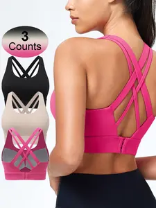 Women's Solid Criss Cross Back Sports Bra, Wireless Sports Bras, Breathable Comfortable Adjustable Hook & Eye Closure Bra, Soft Non-removable Moulded Cups, High Impact Running Workout Bras for Women