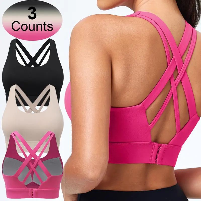 Women's Solid Criss Cross Back Sports Bra, Sporty Bra, Workout Yoga Bra, Breathable Comfortable Adjustable Hook & Eye Closure Bra, Soft Non-removable Moulded Cups, High Impact Running Workout Bras for Women