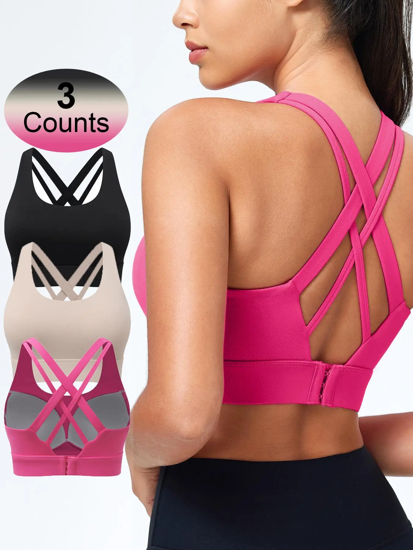 Women's Solid Criss Cross Back Sports Bra, Breathable Comfortable Adjustable Hook & Eye Closure Bra, Soft Non-removable Moulded Cups, High Impact Runn