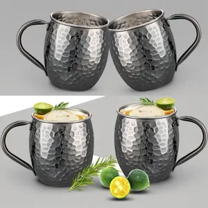 Mule Mugs Set of 4,Electroplated Stone-Pattern Copper Mug,304 Stainless Steel Lining,Perfect For Wine, Beer, Cold Drink, Bar, Party, Gifts (Black Copper)