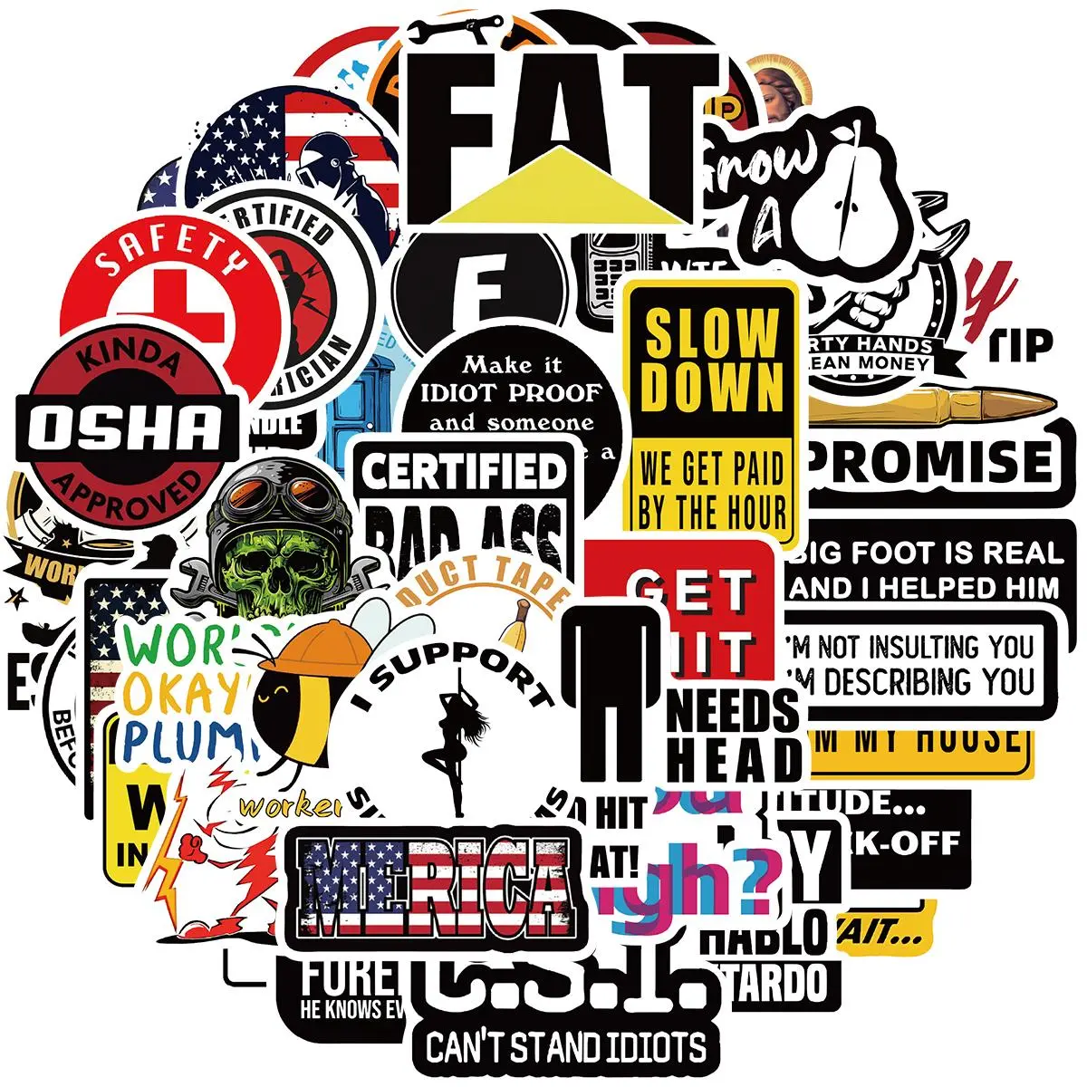 Funny Hard Hat Sticker Pack, 50pcs/set Waterproof Vinyl Sticker, Decorative Sticker for Welding Helmet, Tool Box, Construction, Electrician, Mechanic Tools, Ornaments
