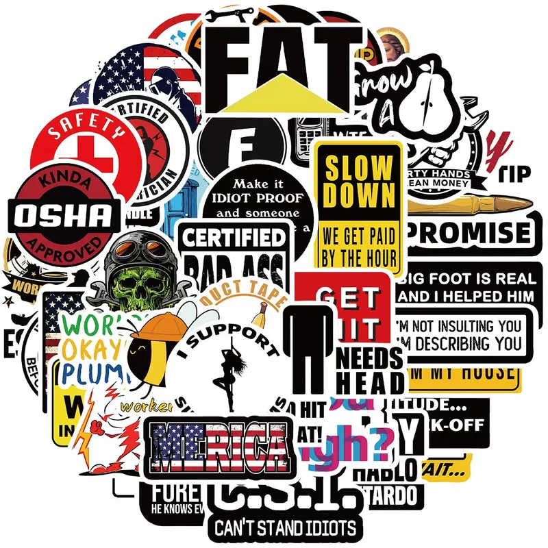 Funny Hard Hat Sticker Pack, 50pcs/set Waterproof Vinyl Sticker, Decorative Sticker for Welding Helmet, Tool Box, Construction, Electrician, Mechanic Tools, Ornaments