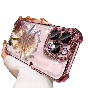 Crystal Clear Rose Phone Case for iPhone 15 16 Plus 14 13 12 11 Pro Max - Premium Slim Shockproof Four-Corner Airbag Electroplating Protective Casing for Men and Women - Cellphone   Casing Protector Protection