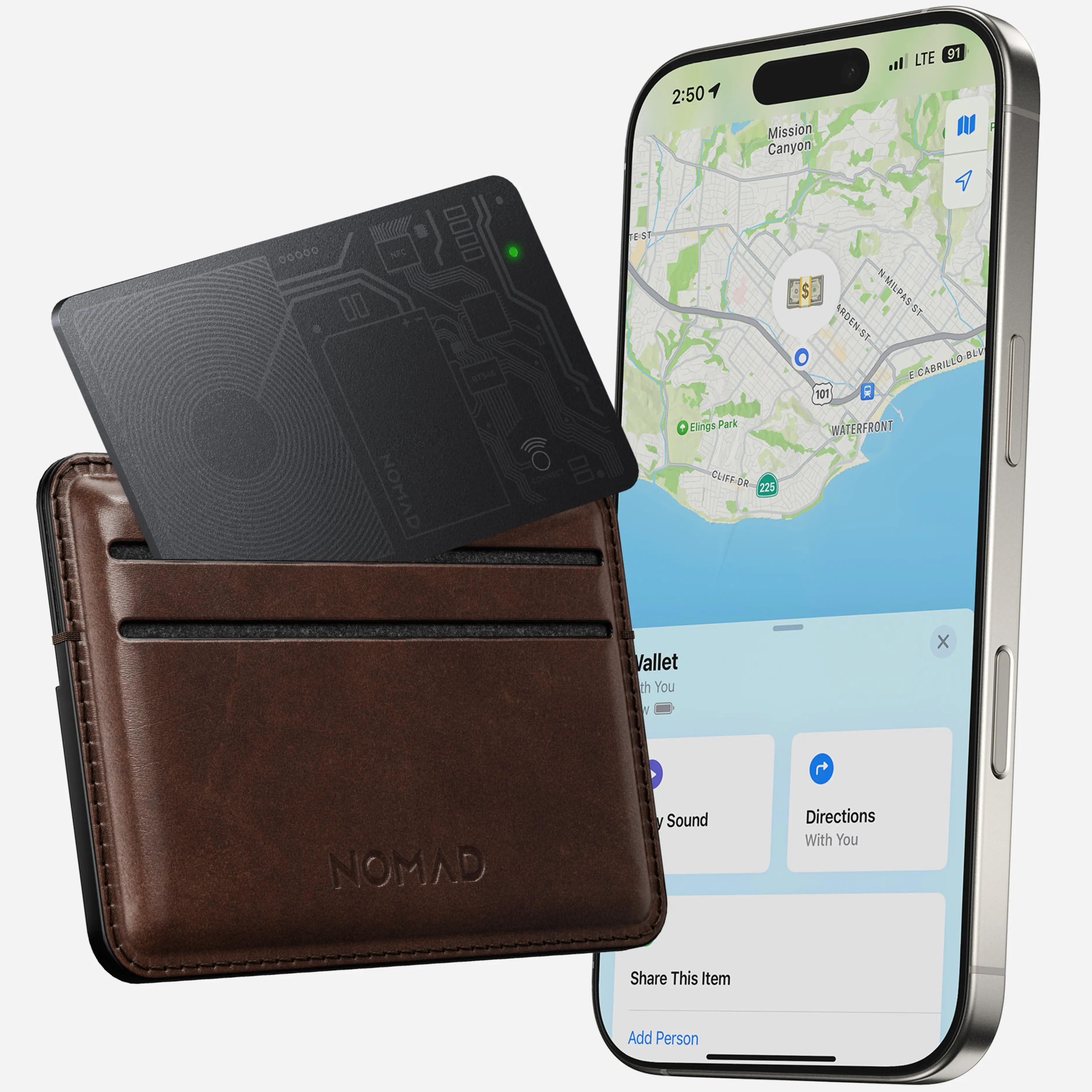 NOMAD Tracking Card Air Carbide · Never Lose Your Wallet Bag or Passport Again · Apple Find My · Hidden Tracker · Luggage Tracker · Waterproof · Rechargeable · 5 Month Battery · Wireless Charging · Fits Any Wallet · Bag Tracker · Travel Gadgets