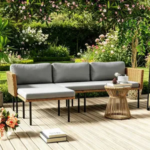 3-Piece Patio Furniture Set, L-Shaped Outdoor Sectional Sofa with Thick Cushions, All-Weather Rattan Conversation Set, Boho Style Detachable 3-Seater Lounger (Charcoal Grey)