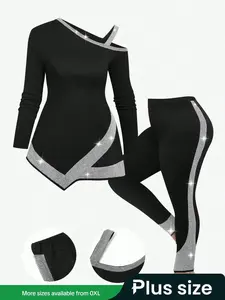 【PlusSize】Two-pieceSetPatchworkAsymmetricalNeckTee&ElasticWaistPants,ClothingSetsCasualLongSleeveAsymmetricalHemTop&SkinnyPantsforDailyWear,Women'sTwo-pieceOutfitsforFall&Winter