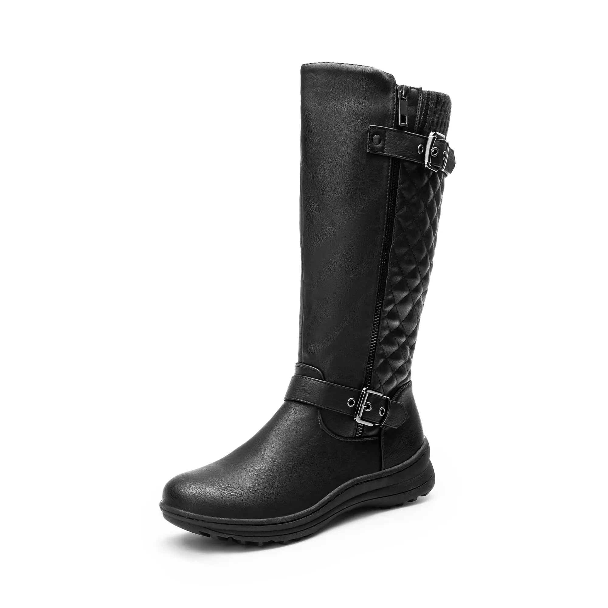 Dream Pairs Women's Knee-High Winter Boots, Fur Lined Round Toe with Diamond Quilted PU Leather and Retro Buckle, Shoe, Footwear