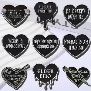 9PCS Black Heart Shaped Fun English Letter Pins Fashionable Brooches for Backpacks & Clothing Exquisite Enamel Perfect Gift Ideas